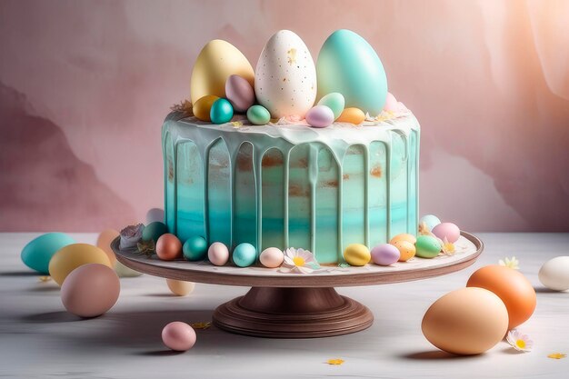 Homemade cake with frosting and colored sugar eggs for Easter