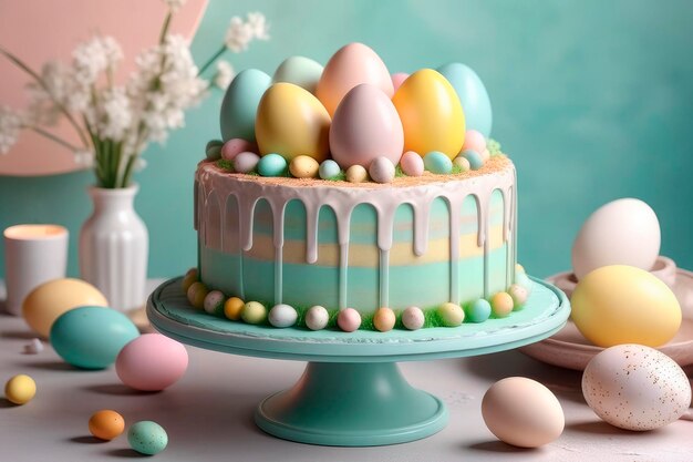 Homemade cake with frosting and colored sugar eggs for Easter