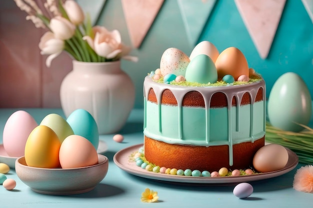 Homemade cake with frosting and colored sugar eggs for Easter