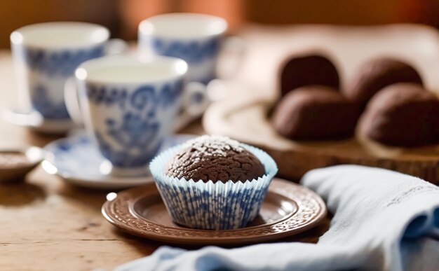 Homemade cakes chocolate muffins served for tea Generative Ai