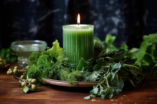 A homemade candle holder filled with winter greens