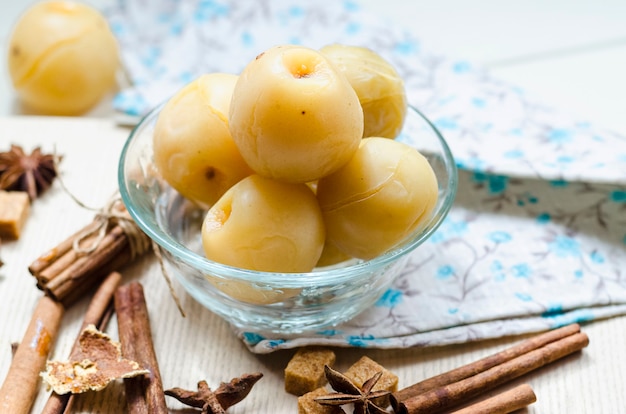 Homemade canned natural organic sweet apples in a bowl