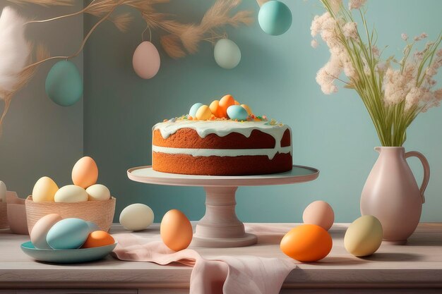 Homemade carrot cake with cream and nuts and pastel colored sugar eggs