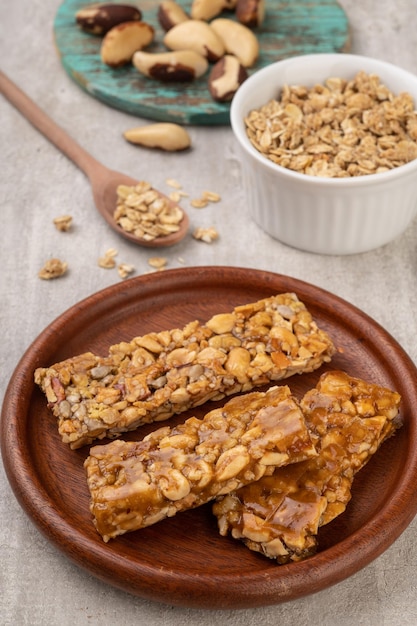 Homemade cereal bars with nuts, muesli and honey.