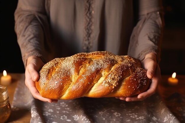 Photo homemade challah a special bread in jewish cuisine covered by womans hands main ingredients eggs flour water sugar salt and yeast adorned with sesame and poppy seeds