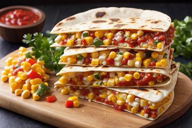 Homemade Cheese and Bean Quesadilla with Corn and Salsa