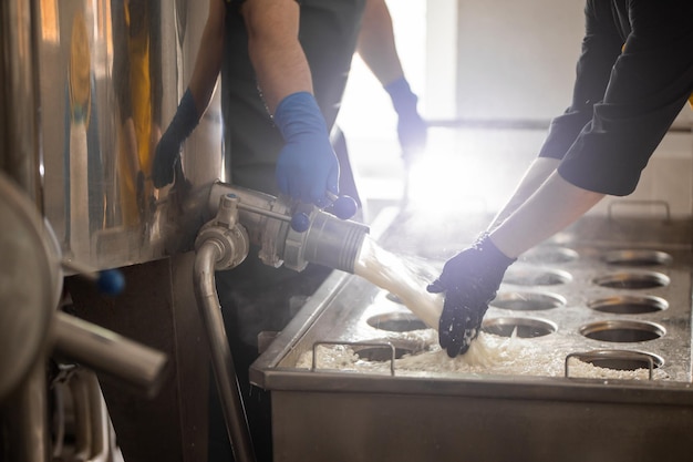 A homemade cheese producer produces handmade mozzarella with fresh quality milk from her cows sheep in the morning Concept of tradition italy mozzarella