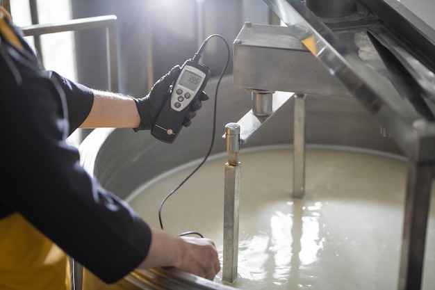 수제 치즈 생산자는 아침에 소 양에서 신선한 품질의 우유로 수제 모짜렐라를 생산합니다. 전통 이탈리아 모짜렐라의 개념