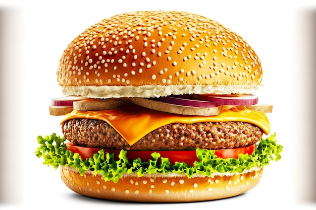 Homemade cheeseburger with beef in sesame bun burger on white isolated background
