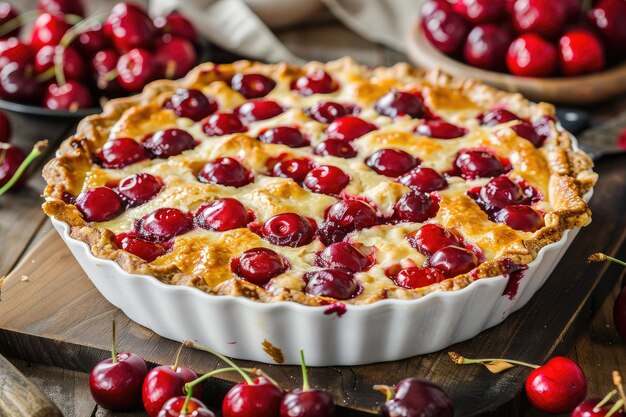 Homemade cherry cobbler with ripe cherries and a goldenbrown crust served in a white dish ready to enjoy