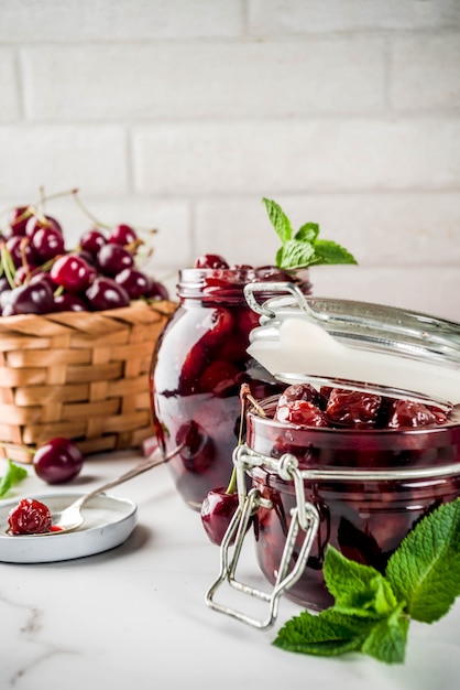 Homemade cherry and mint jam