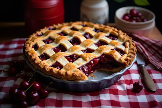 Homemade Cherry Pie on a Checkered Tablecloth