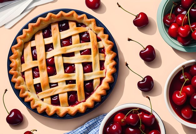 Photo homemade cherry pie recipe is made with a lattice crust on a table with bowls of cherries