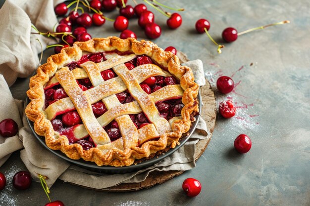 Homemade cherry pie on rustic background