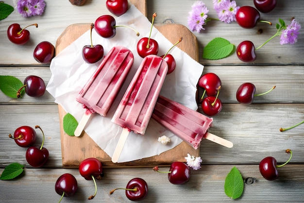 Homemade cherry popsicles with fresh cherries on a wooden background Generative AI