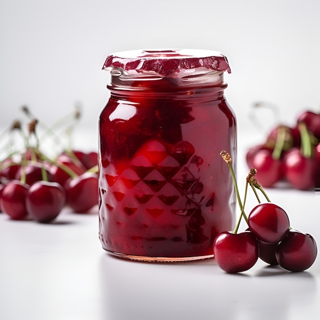 Homemade cherry preserves or jam in a glass jar surrounded by fresh cherries