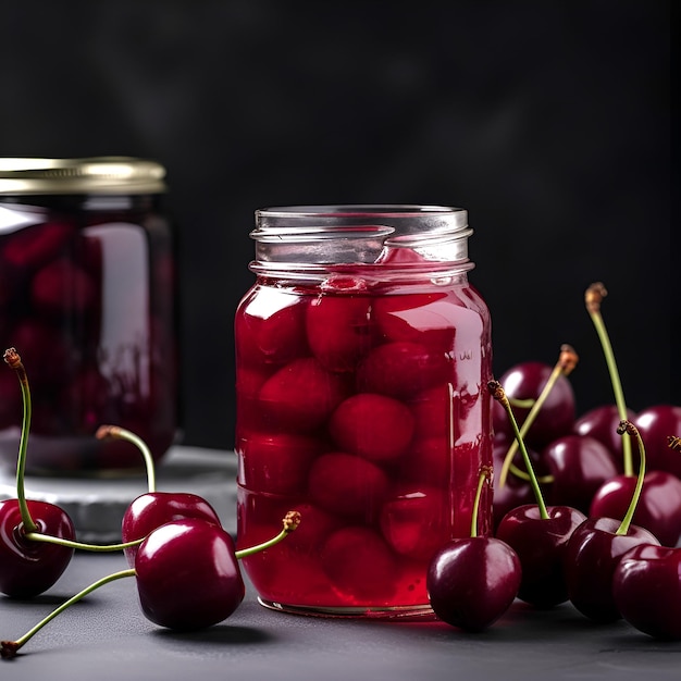 Homemade cherry preserves or jam in a glass jar surrounded by fresh cherries