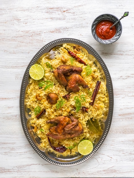 Homemade chicken Biryani. Arabic traditional food bowls Kabsa with meat. Top view