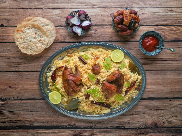 Homemade chicken biryani. arabic traditional food bowls kabsa with meat.