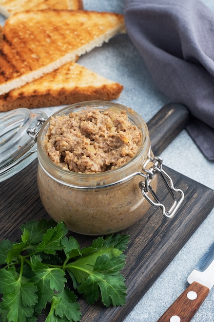 Homemade chicken liver pate in a glass jar