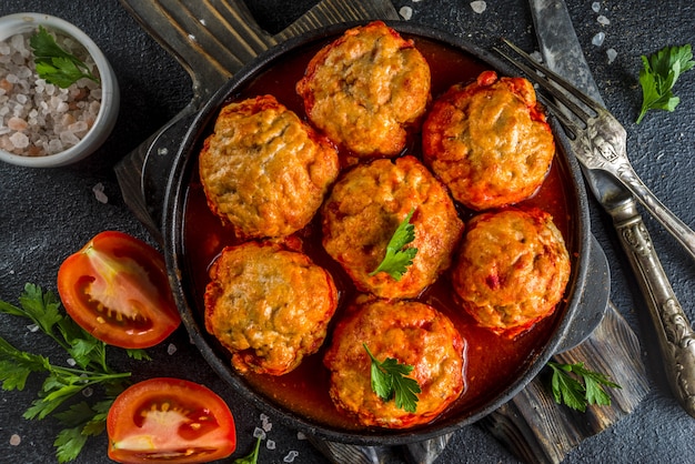 Homemade chicken meatballs in tomato sauce