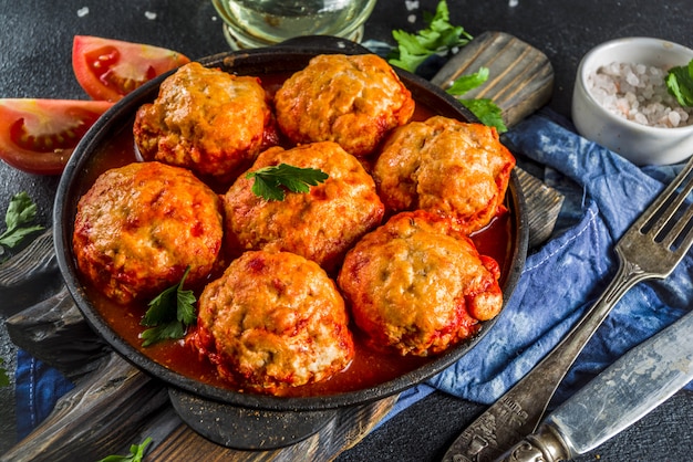 Homemade chicken meatballs in tomato sauce