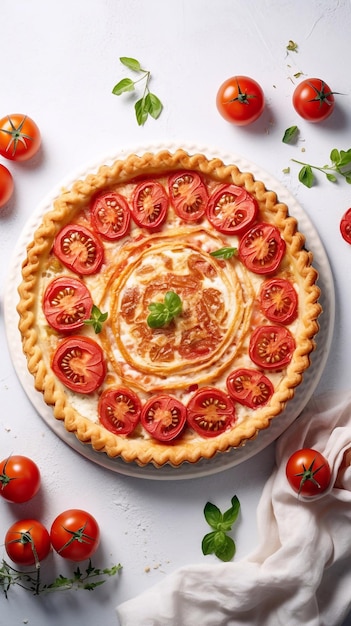 Homemade chicken and tomato Pie on white kitchen table top view flat lay Thanksgiving traditional