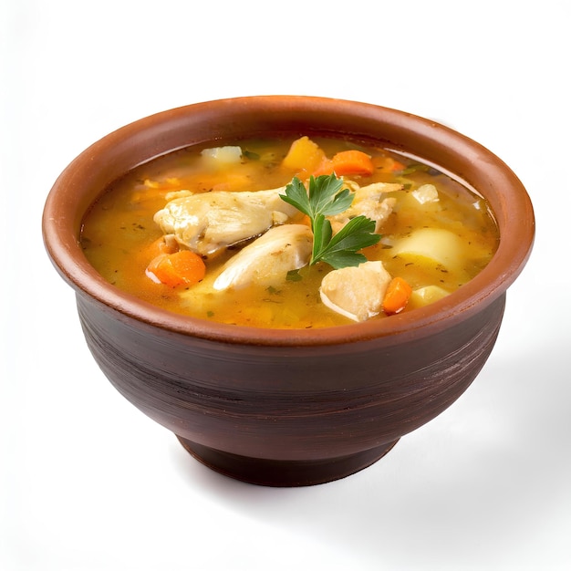 Домашний куриный овощный суп в глиняной миске на белом фоне
