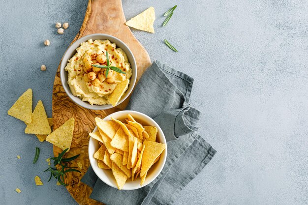 Homemade chickpea hummus with chips