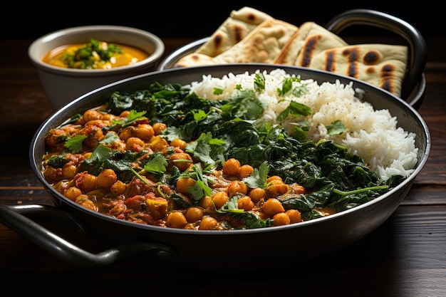 homemade chickpea and spinach curry with white rise dishes