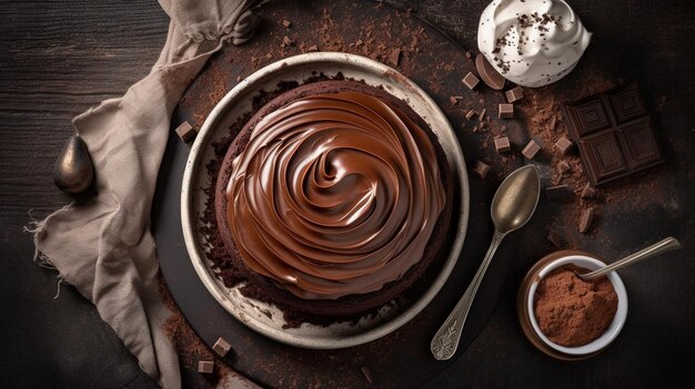 Homemade chocolate cake and cream with whisk