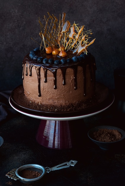 Homemade chocolate cake decorated with caramel decorations