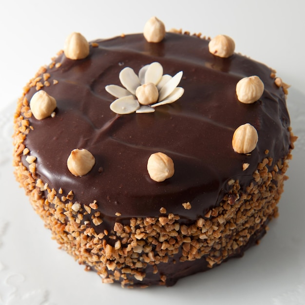 Homemade chocolate cake with almonds and walnuts