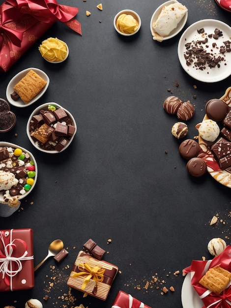 Homemade chocolate candies on rustic table decorated with dry fruits rose flower and walnut