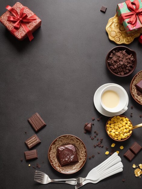 Homemade chocolate candies on rustic table decorated with dry fruits rose flower and walnut