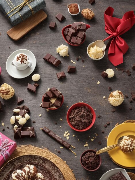 Homemade chocolate candies on rustic table decorated with dry fruits rose flower and walnut