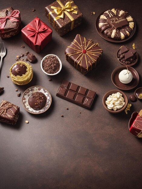 Homemade chocolate candies on rustic table decorated with dry fruits rose flower and walnut