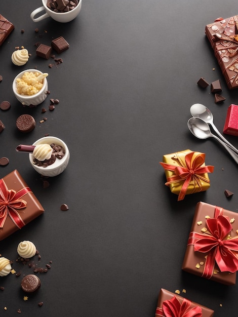 Homemade chocolate candies on rustic table decorated with dry fruits rose flower and walnut