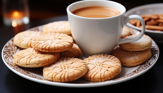 Foto biscotti al cioccolato fatti in casa e bevande calde su un tavolo di legno generato dall'ai