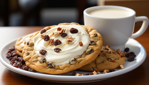 Photo homemade chocolate chip cookies on rustic wooden plate generated by ai