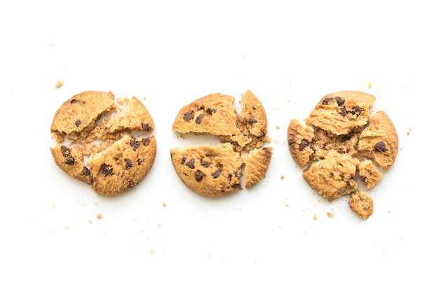 homemade chocolate chip cookies on white background in top view