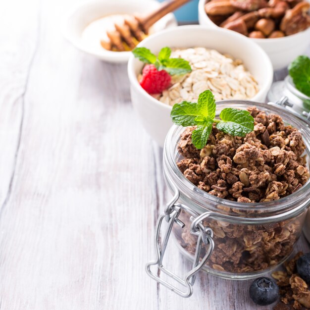 Homemade chocolate granola ingredients