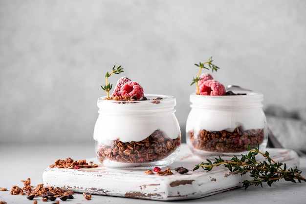 Homemade chocolate granola with yoghurt and fresh berries, close-up