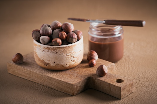 Homemade Chocolate Hazelnut Milk Spread on a brown surface