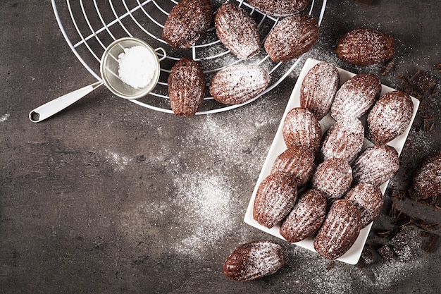 Homemade Chocolate Madeleines on dark table