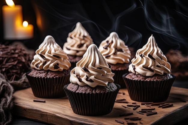 Homemade chocolate muffins with meringue ghosts for Halloween