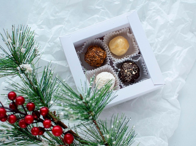 Homemade chocolate truffle candy ball. Christmas and new year background Selective focus.