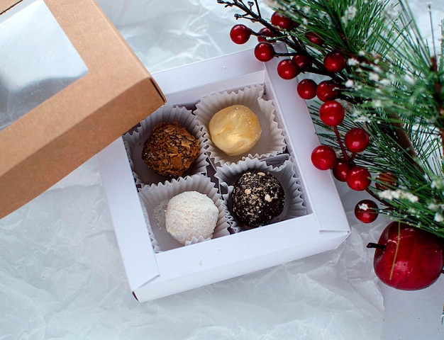 Homemade chocolate truffle candy ball. Christmas and new year background Selective focus.