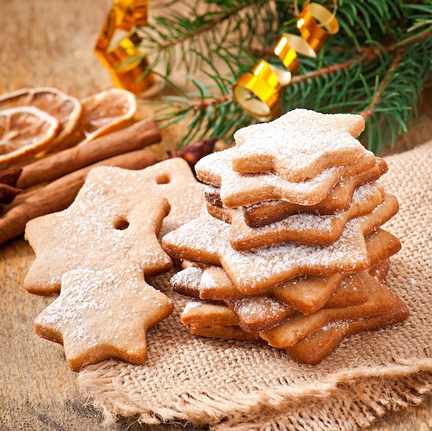 Homemade Christmas cookies sprinkled with powdered sugar