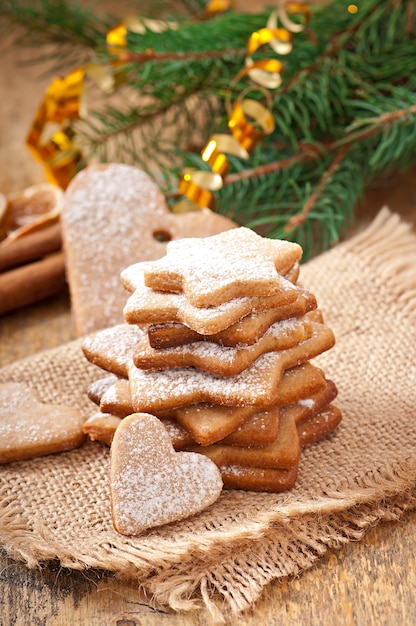 Homemade Christmas cookies sprinkled with powdered sugar